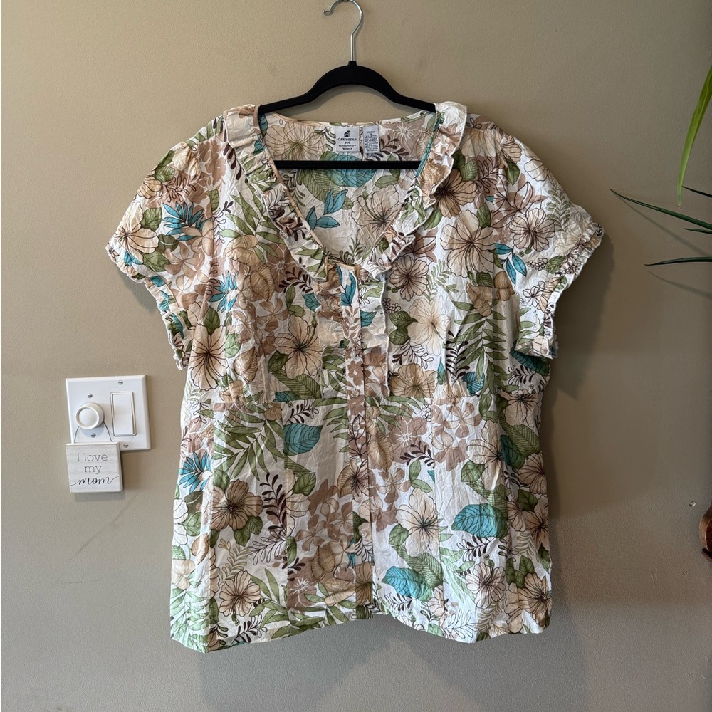 Caribbean Joe Cream w/Brown/Turquoise/Green/Tan Tropical Floral Print Top - Picture 6 of 12